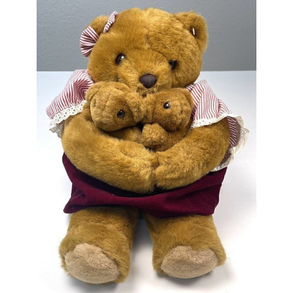 VTG 1984 LOVE LAND 17" Brown Plush Stuffed TEDDY BEAR w/ 2 Babies & Dress *Read*